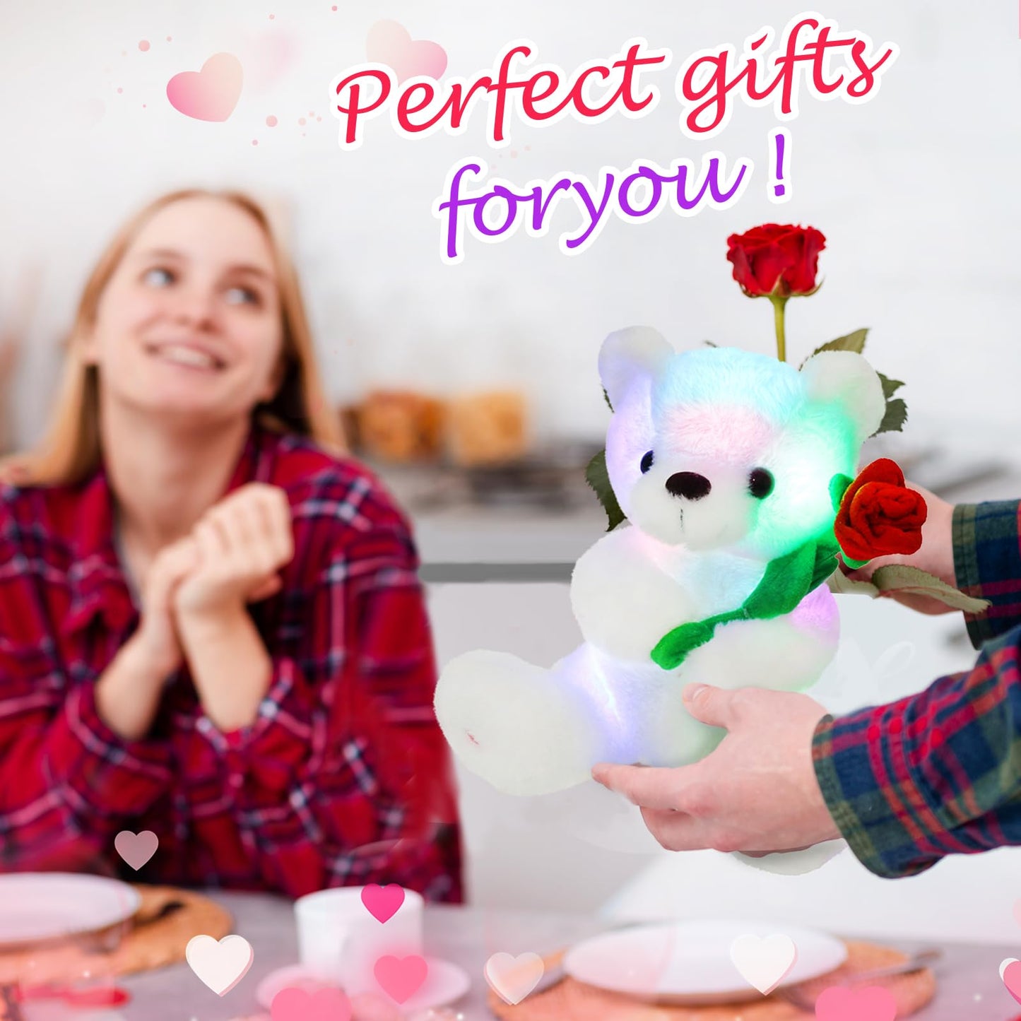 Houwsbaby Glow Teddy Bear with Rose White Bear Stuffed Animal Soft Light Up Plush Toy LED Night Lights Birthday Christmas for Kids Toddler