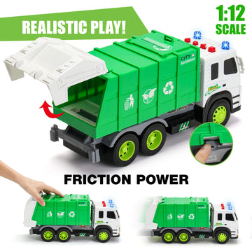 MOBIUS Toys Garbage Truck - Large 1:12 Scale Recycling Truck with Lights, Sounds & Moving Parts - Durable BPA-Free Trash Truck for Kids Ages 3-7