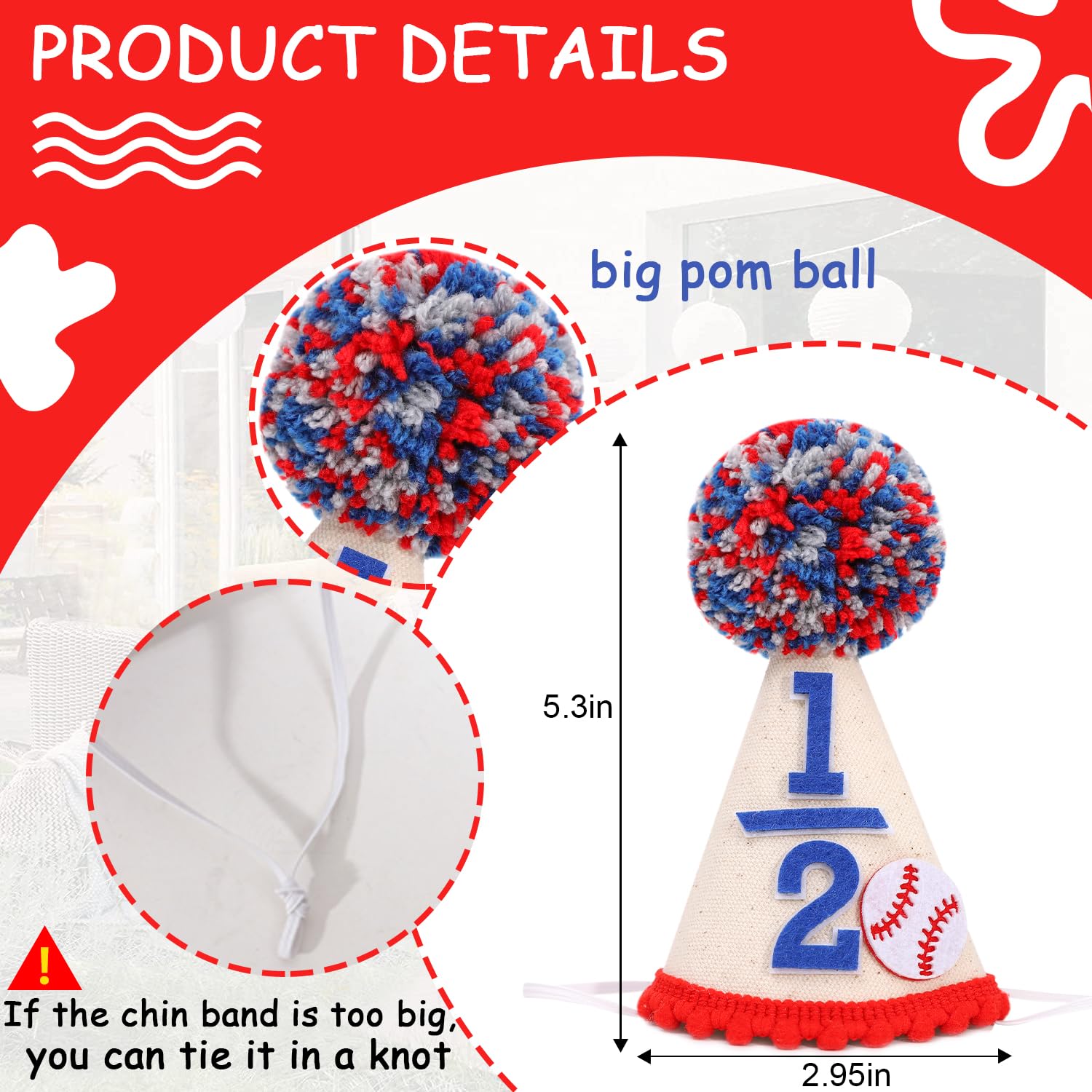 BEADED Baseball 1/2 Birthday Hat - Baseball Half/6 Month Birthday Decorations,Half Way To First Hat,Six Month Little Slugger Party Sign, (1/2)