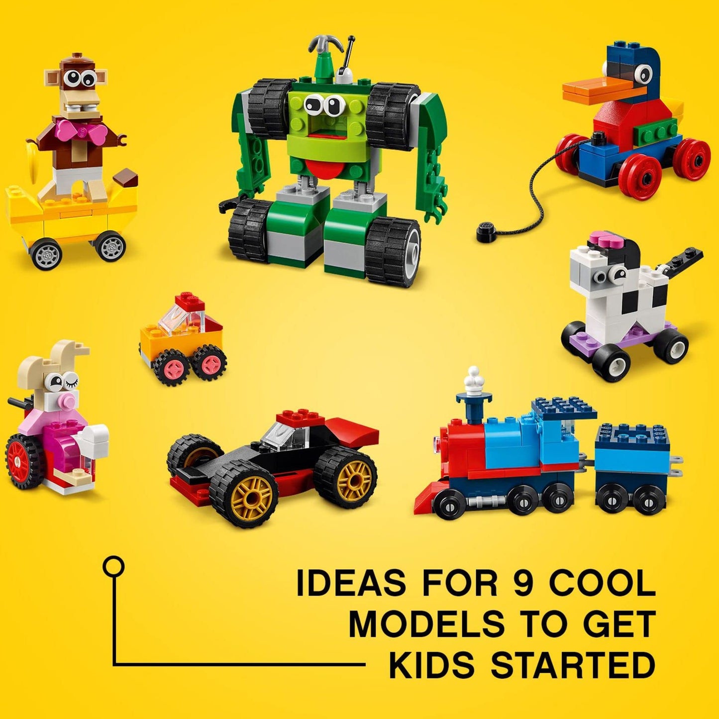 LEGO Classic Bricks and Wheels 11014 Building Kit, Includes a Toy Car, Train, Bus, Robot, Skateboarding Zebra, Race Car, Bunny in a Wheelchair,