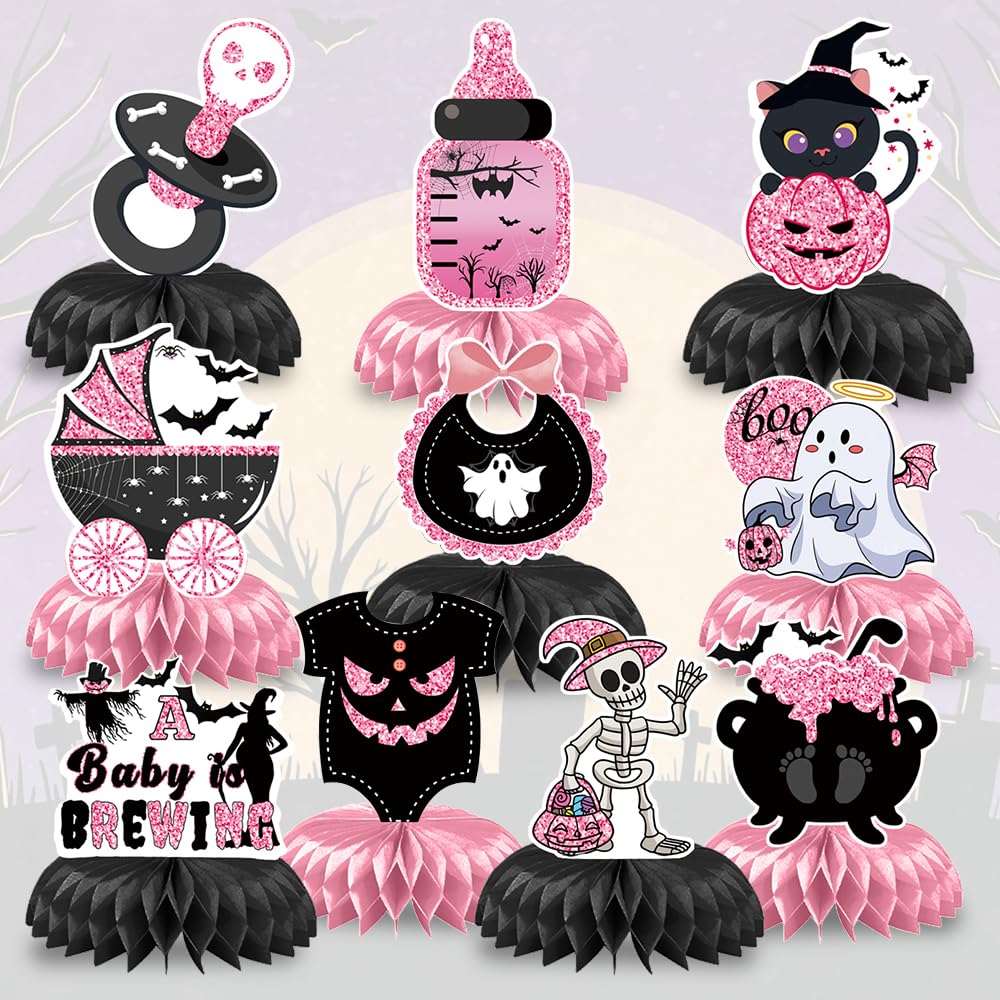 10pcs Halloween Tables Centerpieces, Pink Baby Shower Honeycomb Centerpieces Halloween Gender Reveal Party Decorations Ghost Bat Skull Pumpkin Table