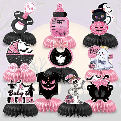 10pcs Halloween Tables Centerpieces, Pink Baby Shower Honeycomb Centerpieces Halloween Gender Reveal Party Decorations Ghost Bat Skull Pumpkin Table