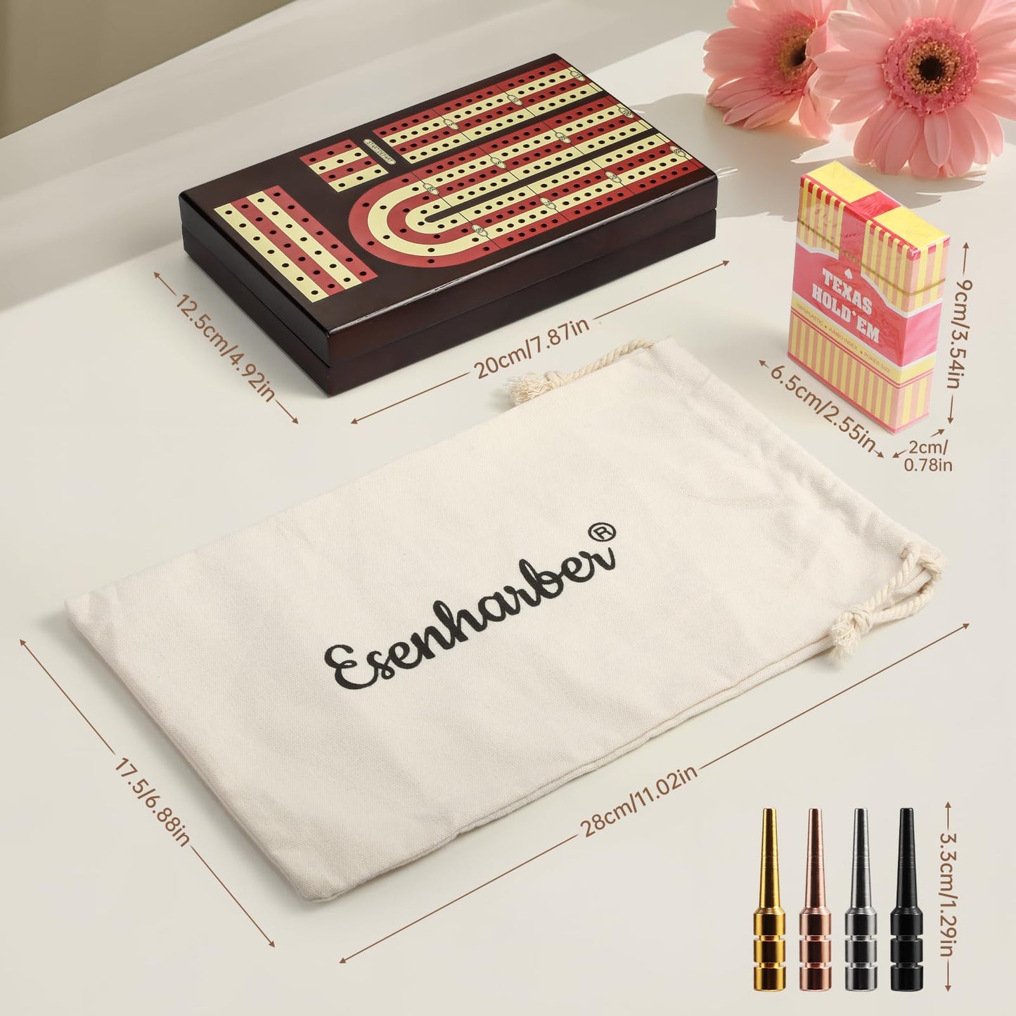 Cribbage Board, Foldable 4-Track Cribbage Board Game Set, Solid Wood Game Board with 12 Brass Pegs & Felt-Lined Storage, for 2-4 Players,