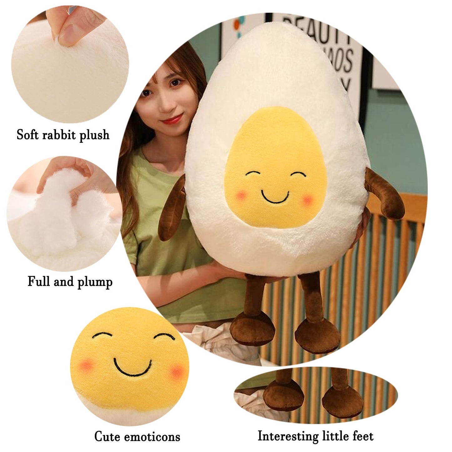 XCGNTU Smiling Poached Eggs Plush Toy Pillow - Super Soft Pillow, Cure Series Stuffed Eggs Plush Doll, Cute Food Themed Birthday Gift (white-15in)