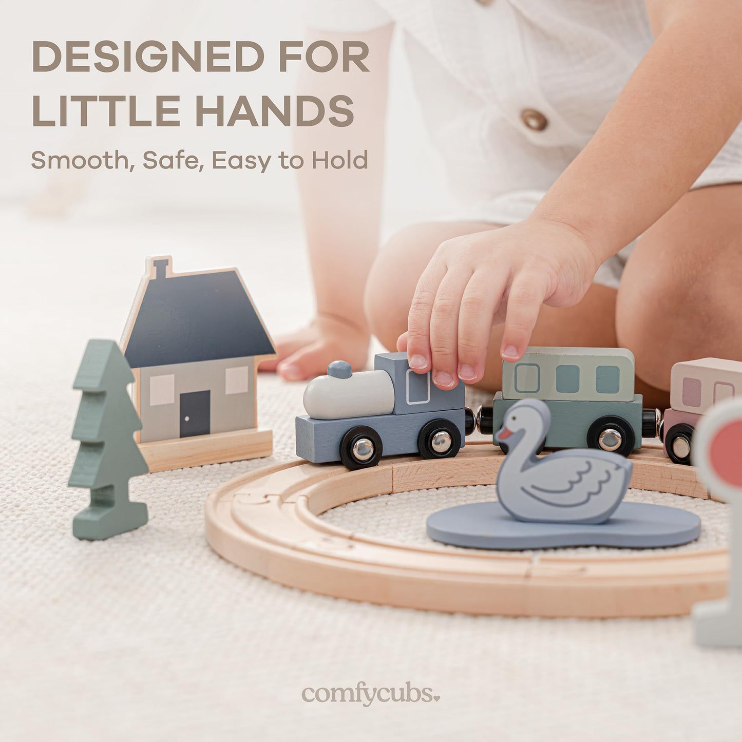 Comfy Cubs 30-Piece Wooden Train Set for Toddlers Ages 1+, Fun & Eco Friendly Toddler Train Set with Wooden Toy Tracks - Creative Toy Town Promoting