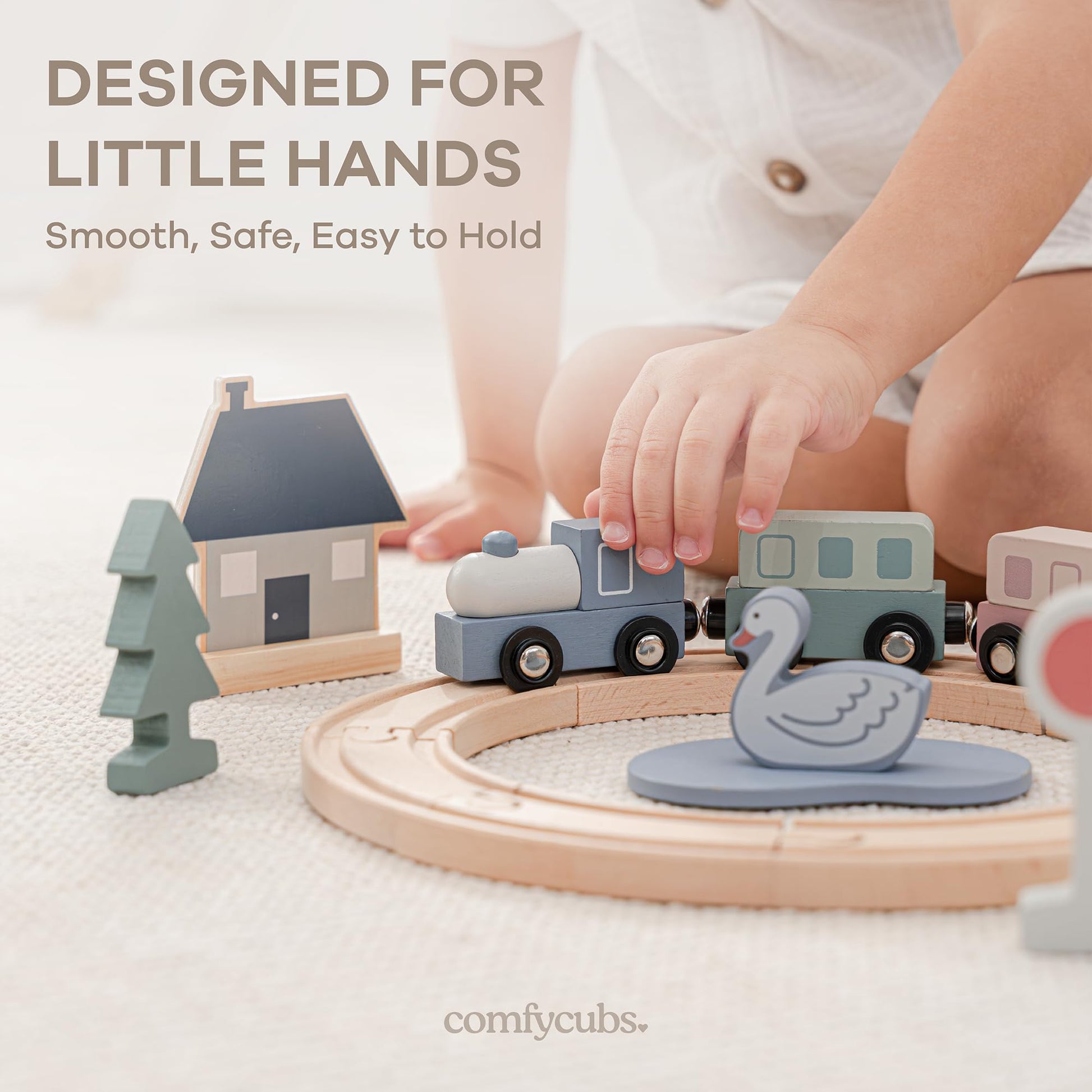Comfy Cubs 30-Piece Wooden Train Set for Toddlers Ages 1+, Fun & Eco Friendly Toddler Train Set with Wooden Toy Tracks - Creative Toy Town Promoting