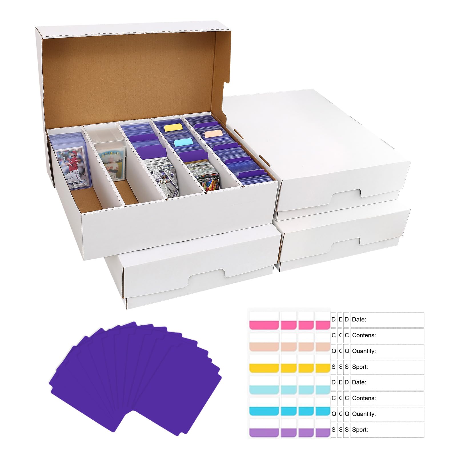EBOAUSI 5 Row Trading Card Storage Box,3950-count Cardboard Storage Box with 32 Pcs Dividers+48 Pcs index Labels for Mtg, Tcg, Sports Cards (4