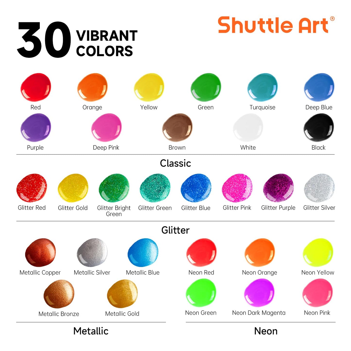 Shuttle Art Tempera Paint, 30 Colors (2 fl oz) Washable Paint for Kids with Glitter Metallic Neon Colors, Non-toxic Finger Painting for Toddlers
