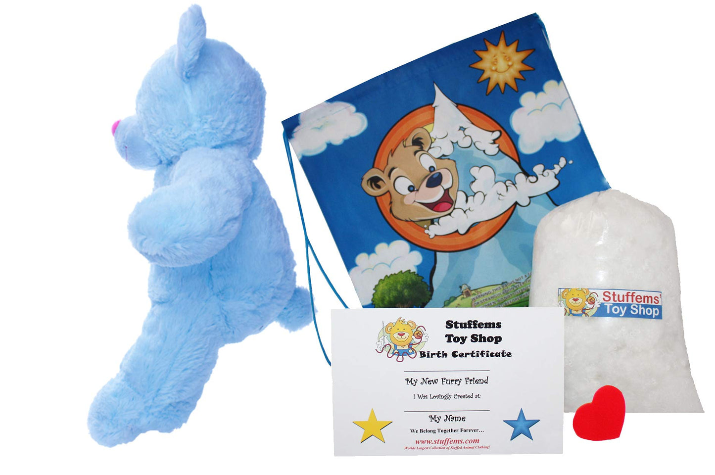 Stuffems Toy Shop Make Your Own Stuffed Animal 16" "Baby Blue Patch Bear - No Sew - Kit with Cute Backpack!
