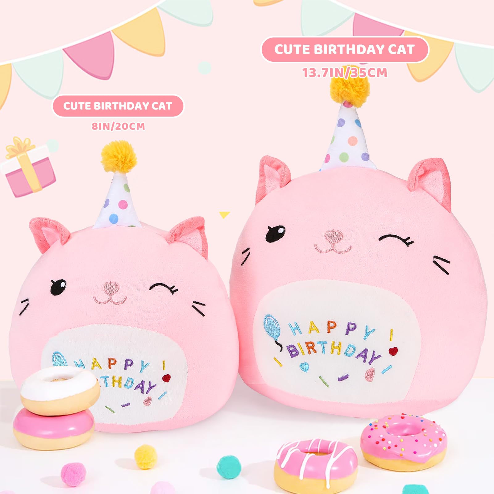 ABEARCAR Cute Cat Plush Birthday Gifts for Girls, Soft Cat Plushies Toy Pink Pillow Cat Stuffed Animals Gift for Girlfriend Kids Birthday 8" Cat