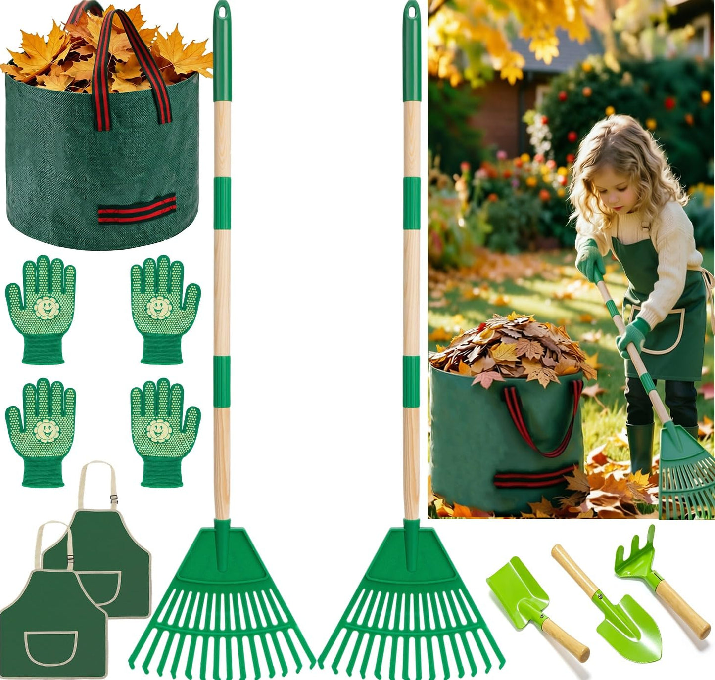 HLWDFLZ 10Pcs Kids Adjustable Garden Leaf Rake Set, with Bag & 3 Hand Tools