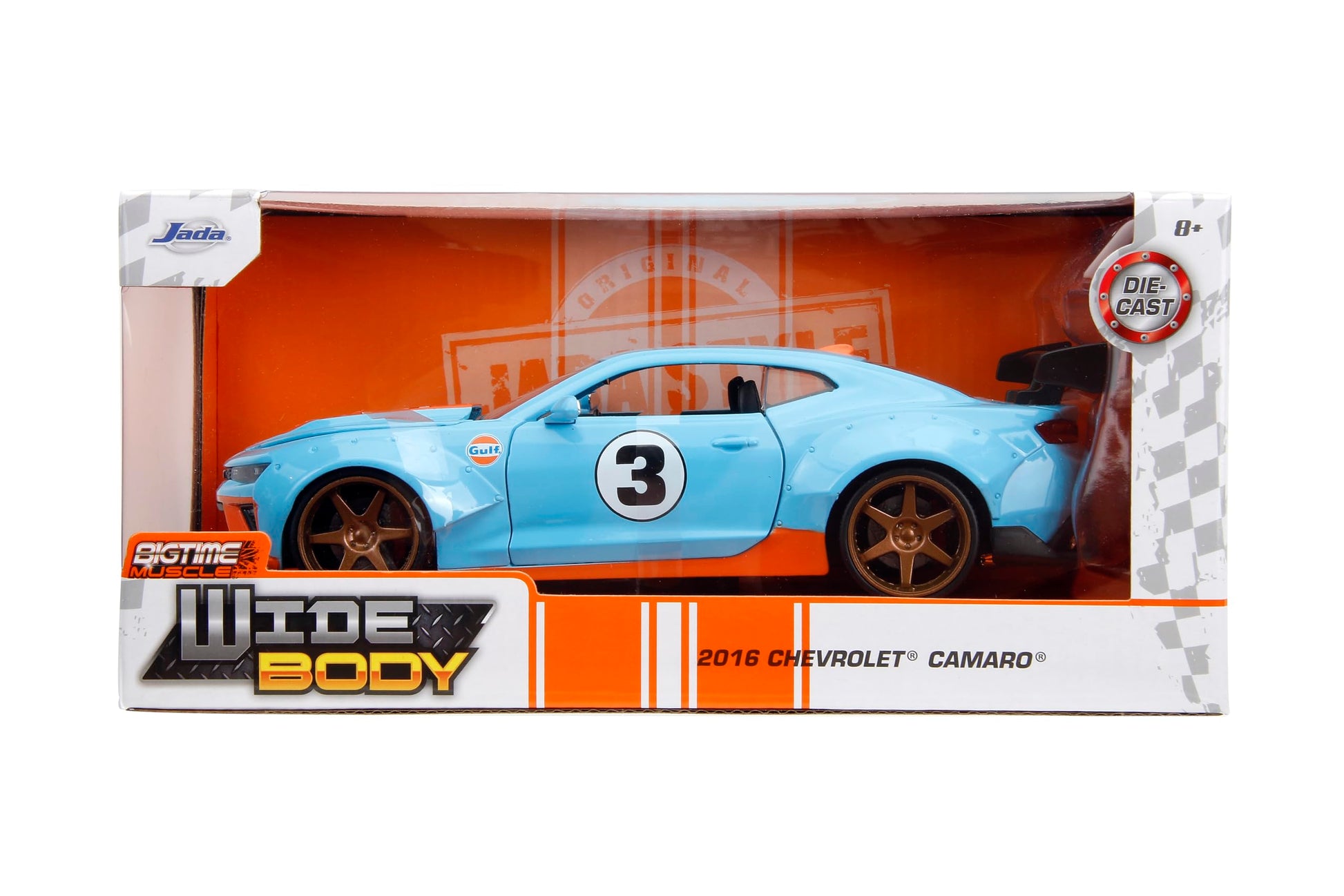 Jada Toys Big Time Muscle 1:24 2016 Chevy Camaro SS Widebody Gulf Die-Cast Car, Toys for Kids and Adults(Blue/Orange)