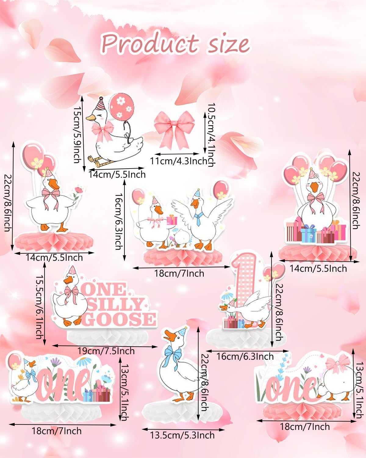 Smefutong One Silly Goose 1st Birthday Decor Girls Boys 8Pcs Honeycomb Centerpieces With 1 Pc Banner,Baby Shower Party Favors & Supplies (Pink)
