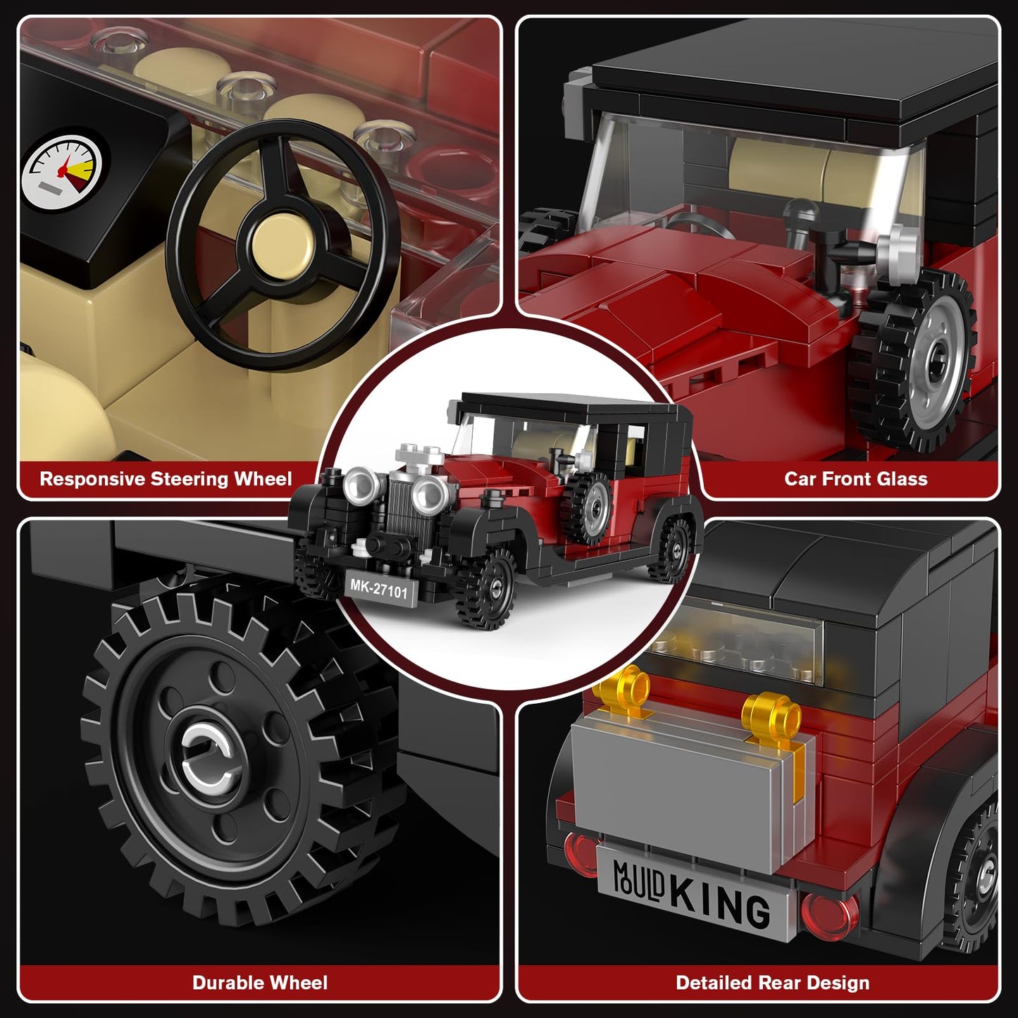 Mould King 27101 Vintage Car Building Sets, 319+ Pcs MOC Racing Car Building Kit with Display Case, Collectible Vehicle Model Building Blocks Toy
