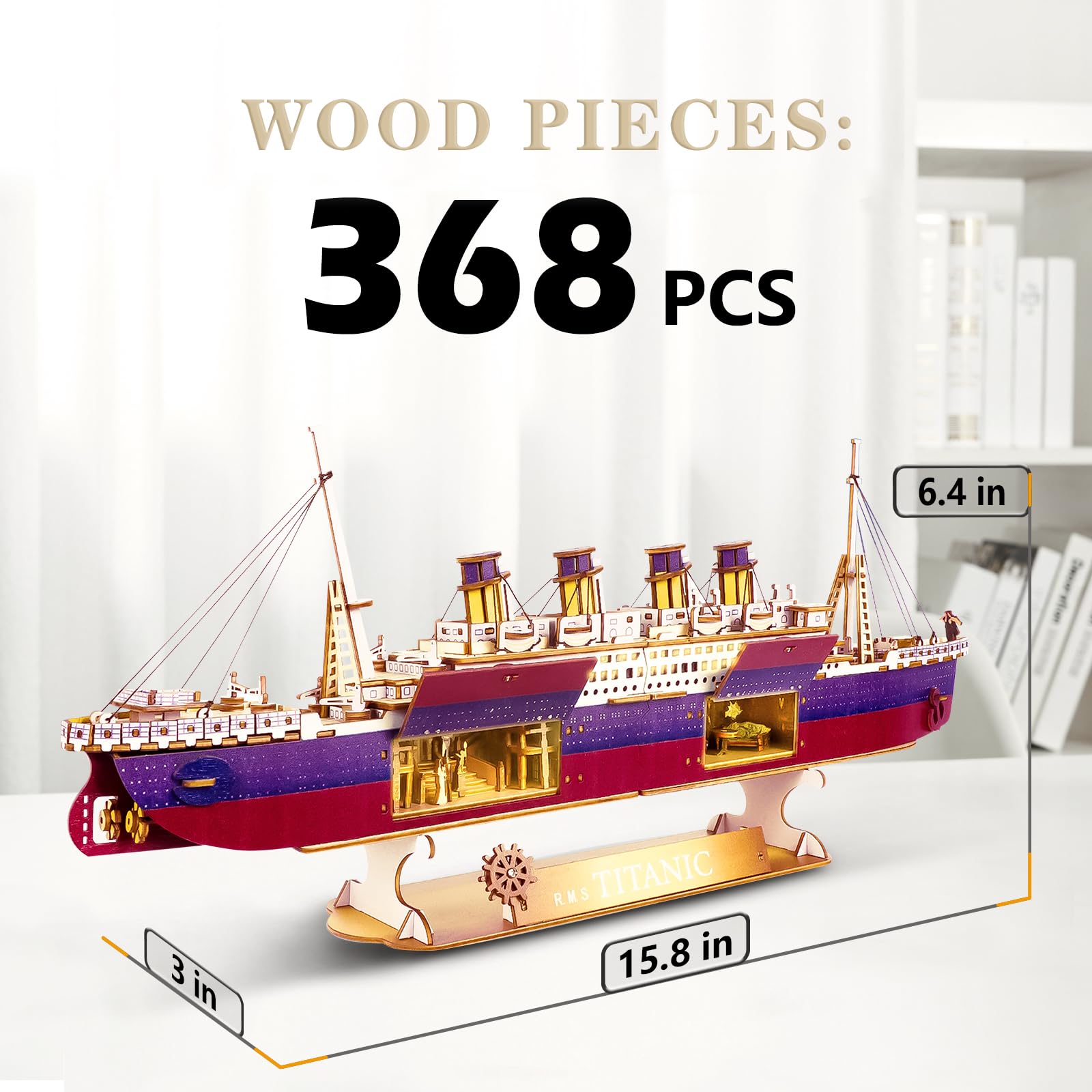 Vziimo Titanic 3D Puzzles for Adults, LED Titanic Metal Ship Model Building Kits for Home Desk Decor, 368 Pcs Wooden DIY Arts and Crafts Collection