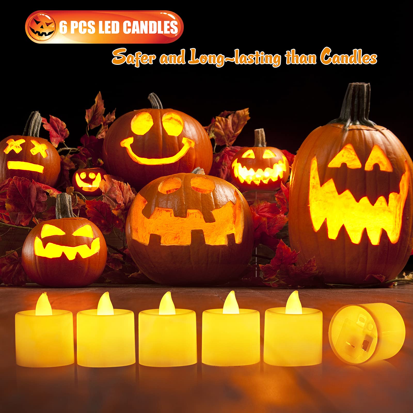 SKINOSM Pumpkin Carving Kit for Kids, 6 Easy Halloween Pumpkin Carving Tools Set, 6 LED Candles, 10 Carving Stencils & 20 Halloween Cellophane Candy