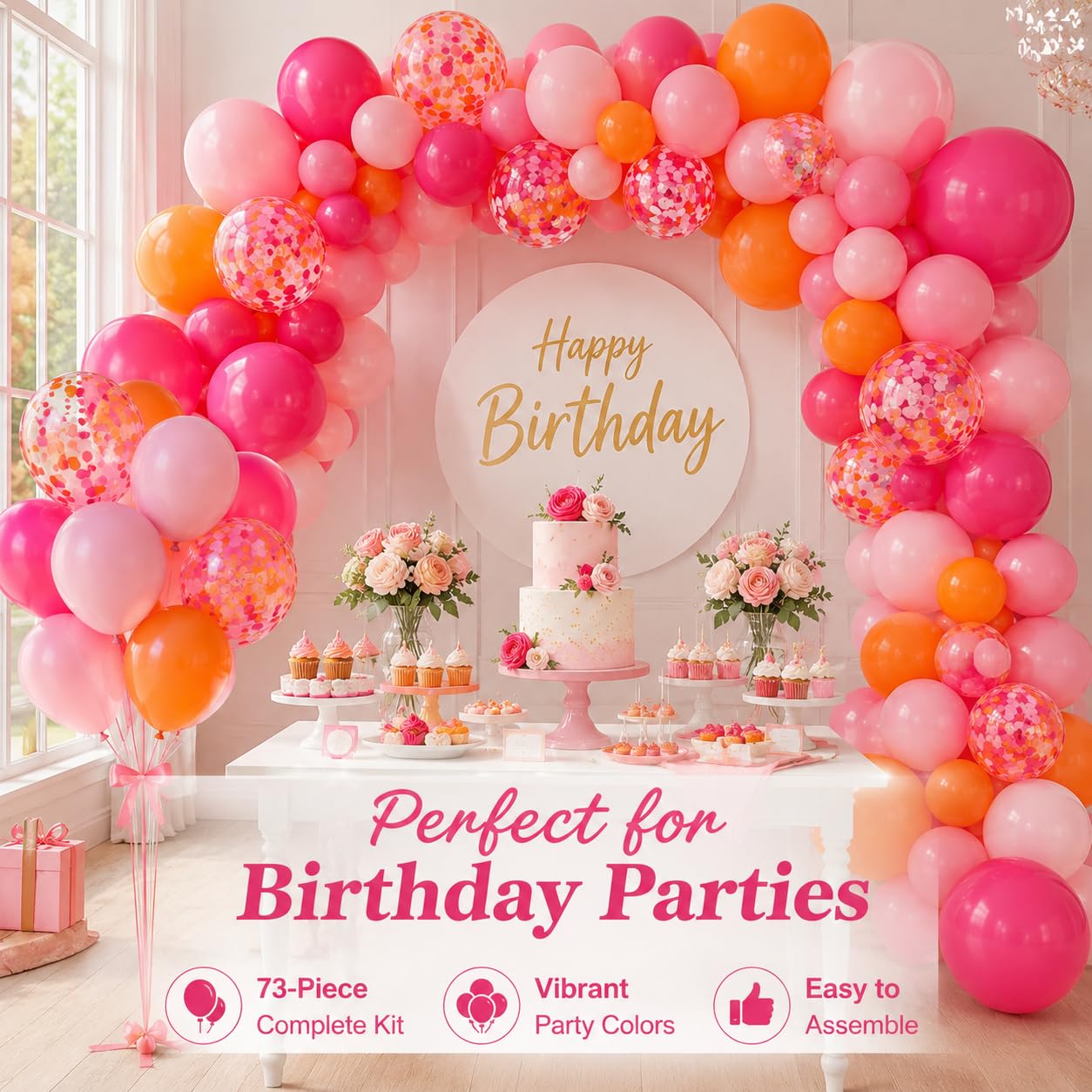 73Pcs Pink and Orange Balloon Arch Kit with 12 Inch Confetti Balloons