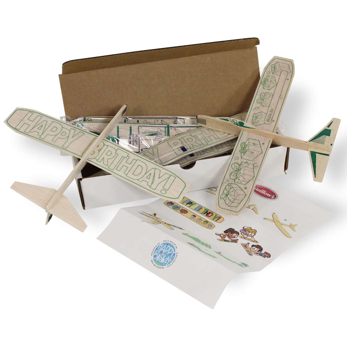 Guillow's 12" Balsa Glider Planes: Happy Birthday - 6 Pack Bundle - Flying Airplane Building Kit, Assemble & Decorate Wooden Gliders, Party Craft Kids