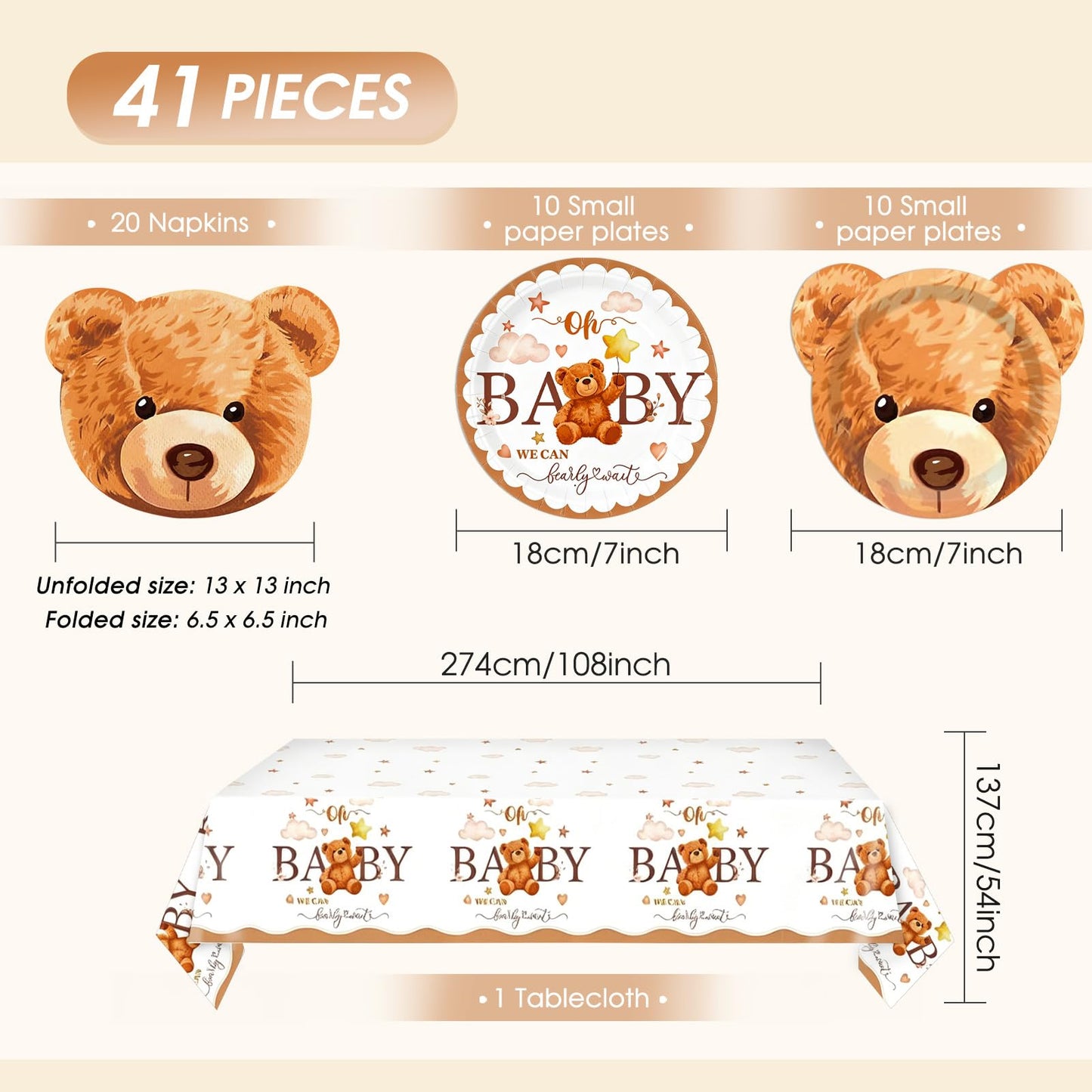 41Pcs Bear Paper Plates Bear Shaped Disposable Cake Plates Tableware