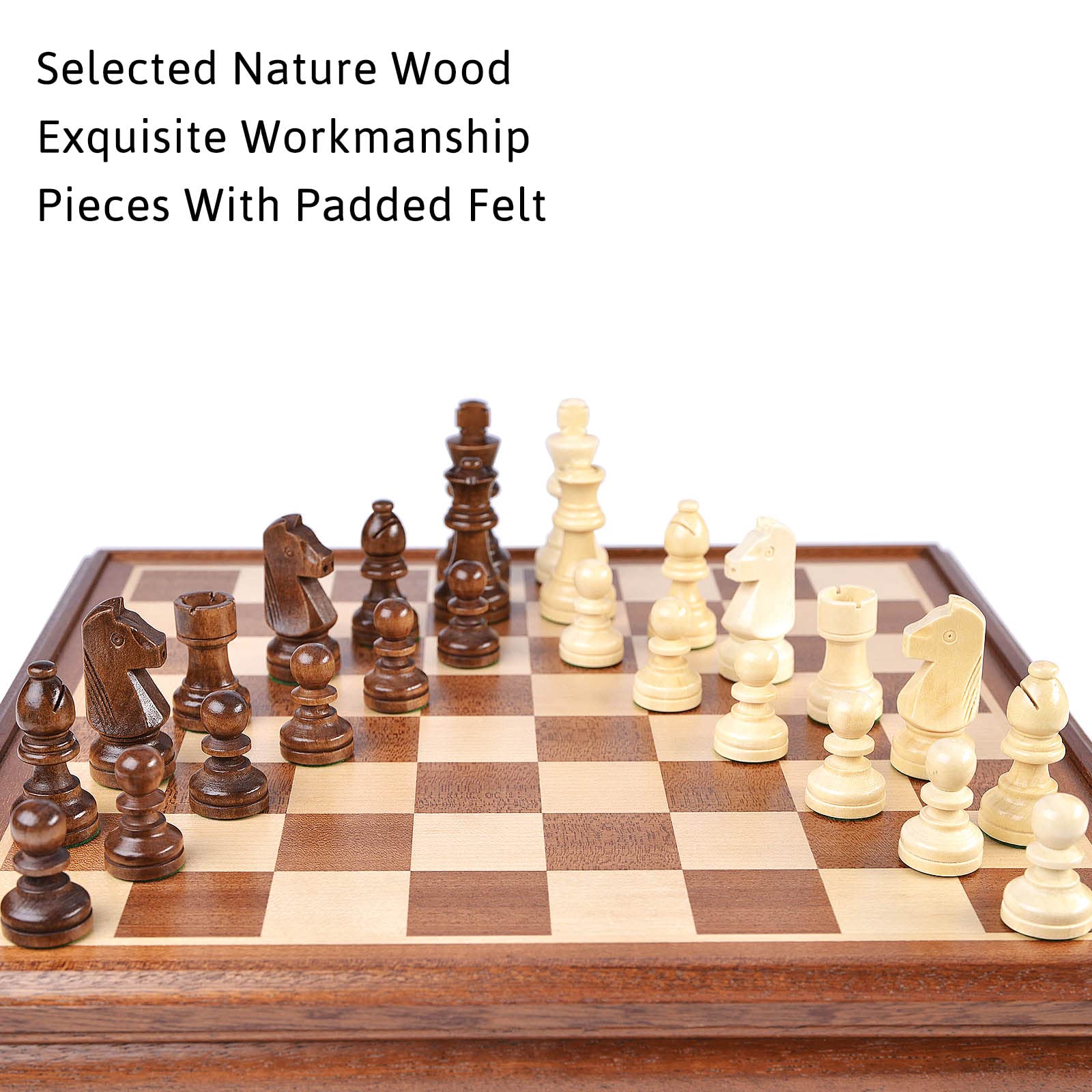 VAMSLOVE Chess and Checkers Board Game Sets for Adults Wooden Deluxe 15 inch Wood Board Box with Storage, Classic 2 in 1 Large Size with Chess Pieces
