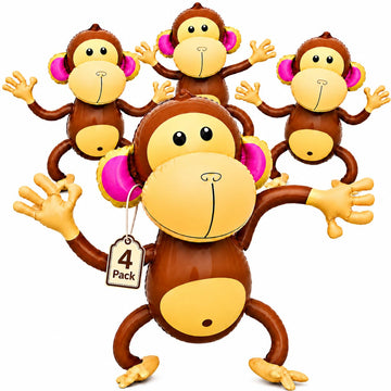 4E's Novelty Inflatable Monkeys - Pack of 4-27 Inch Large Monkeys Inflatables for Jungle Decor, Safari Birthday Decorations, Kids Animal Party