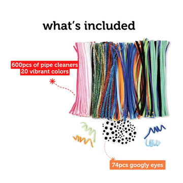 Incraftables 600pcs Pipe Cleaners Craft Supplies Set (20 Colors). Best Thick Fuzzy Chenille Stems Sticks with Googly Eyes. Colorful & Assorted Bulk