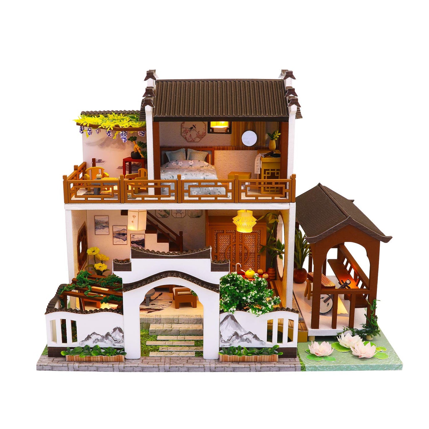 Cool Beans Boutique Miniature DIY Dollhouse Kit - Wooden Asian Dollhouse Traditional Home - with Dust Cover - Architecture Model kit (English Manual)