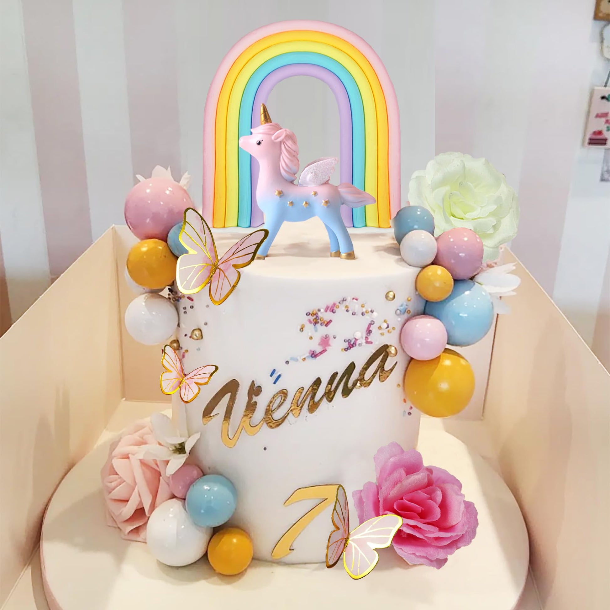 47 PCS Unicorn Cake Topper Unicorn Rainbow Cake Decorations with Rainbow Butterflies Unicorn Balls Happy Birthday Cake Decorations (Style 2)