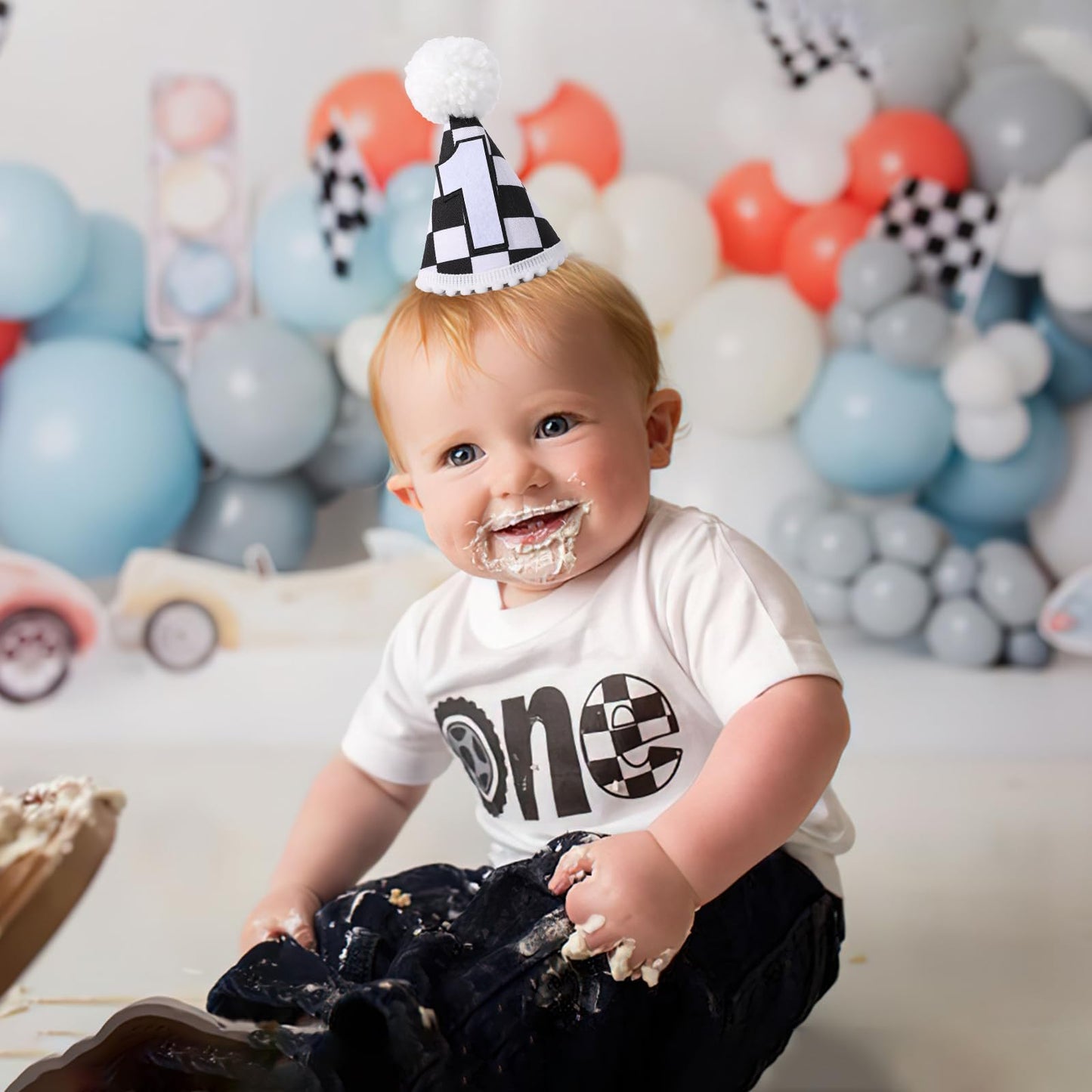 YOUAME Race Car 1st Birthday Hat - Party Decorations, Boy Outfit, Plaid Crown, Racing First Photo Prop
