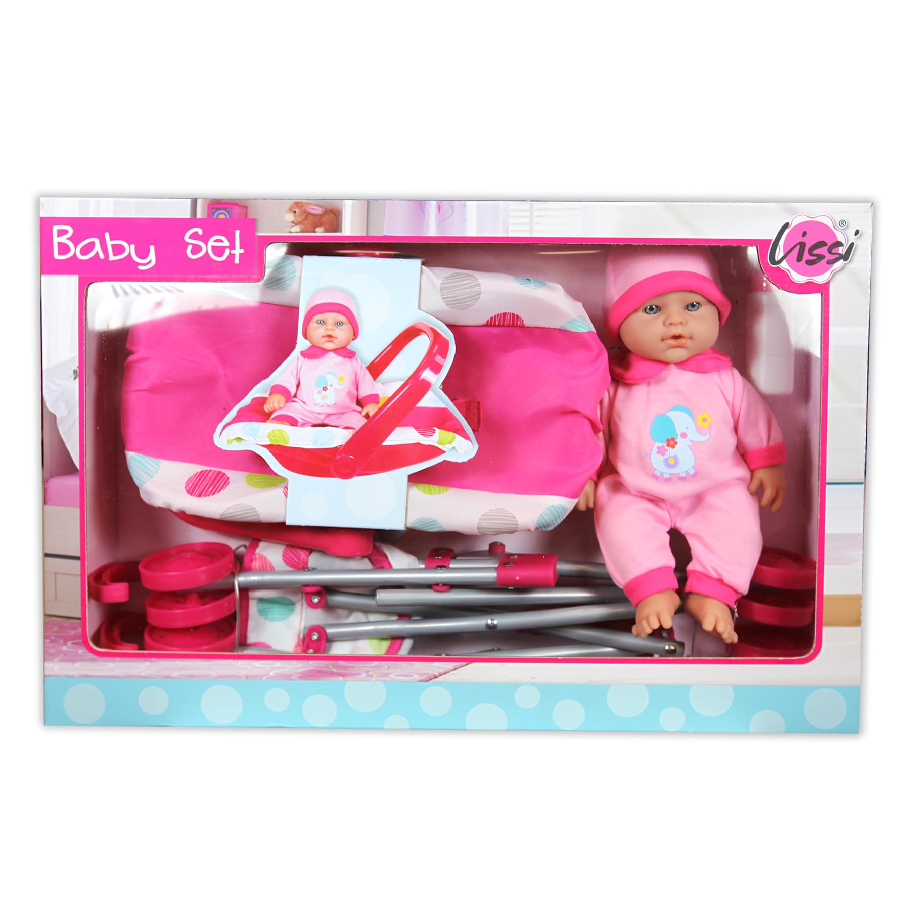 Lissi: 12" Baby Doll & Push-Carry Travel Set - Pink Elephant Onesie, Car Seat, Folding Umbrella Stroller, Feeding Bottle, Roleplay Toy, Kids 3+