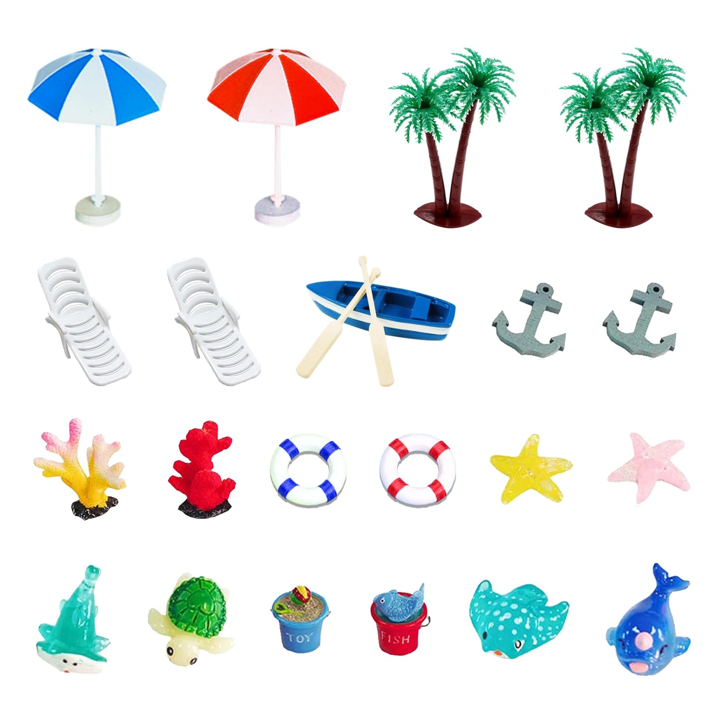21 Pieces Beach Cake Toppers Hawaiian Chair Boat Palm Tree Umbrella Dollhouse Decoration Miniature Ornament Kits Set for Swimming Pool Summer Beach