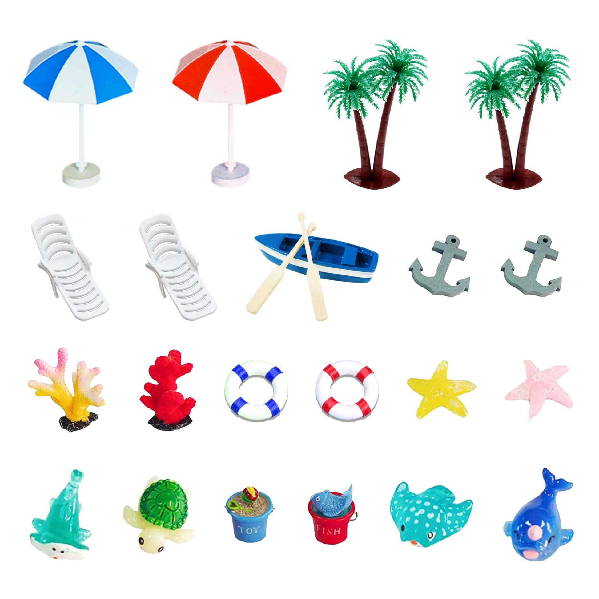 21 Pieces Beach Cake Toppers Hawaiian Chair Boat Palm Tree Umbrella Dollhouse Decoration Miniature Ornament Kits Set for Swimming Pool Summer Beach