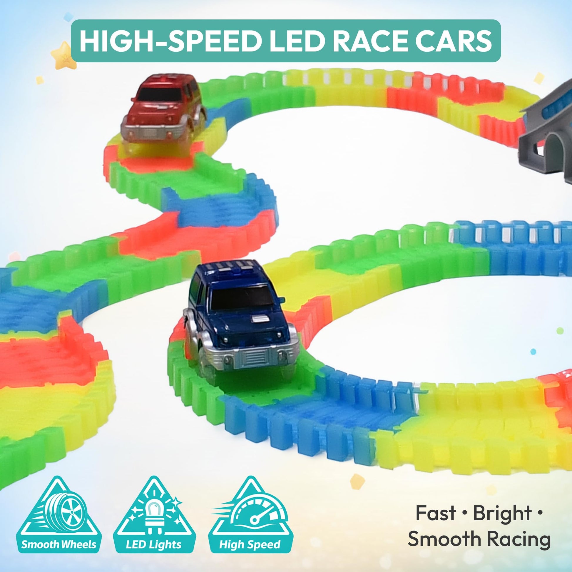 Play Build Speed Tracks Flexible Race Track Set - 360 Piece Bendable Glow in The Dark Race Track for Kids with 2 LED Toy Race Cars & Bridge - 14+ Ft