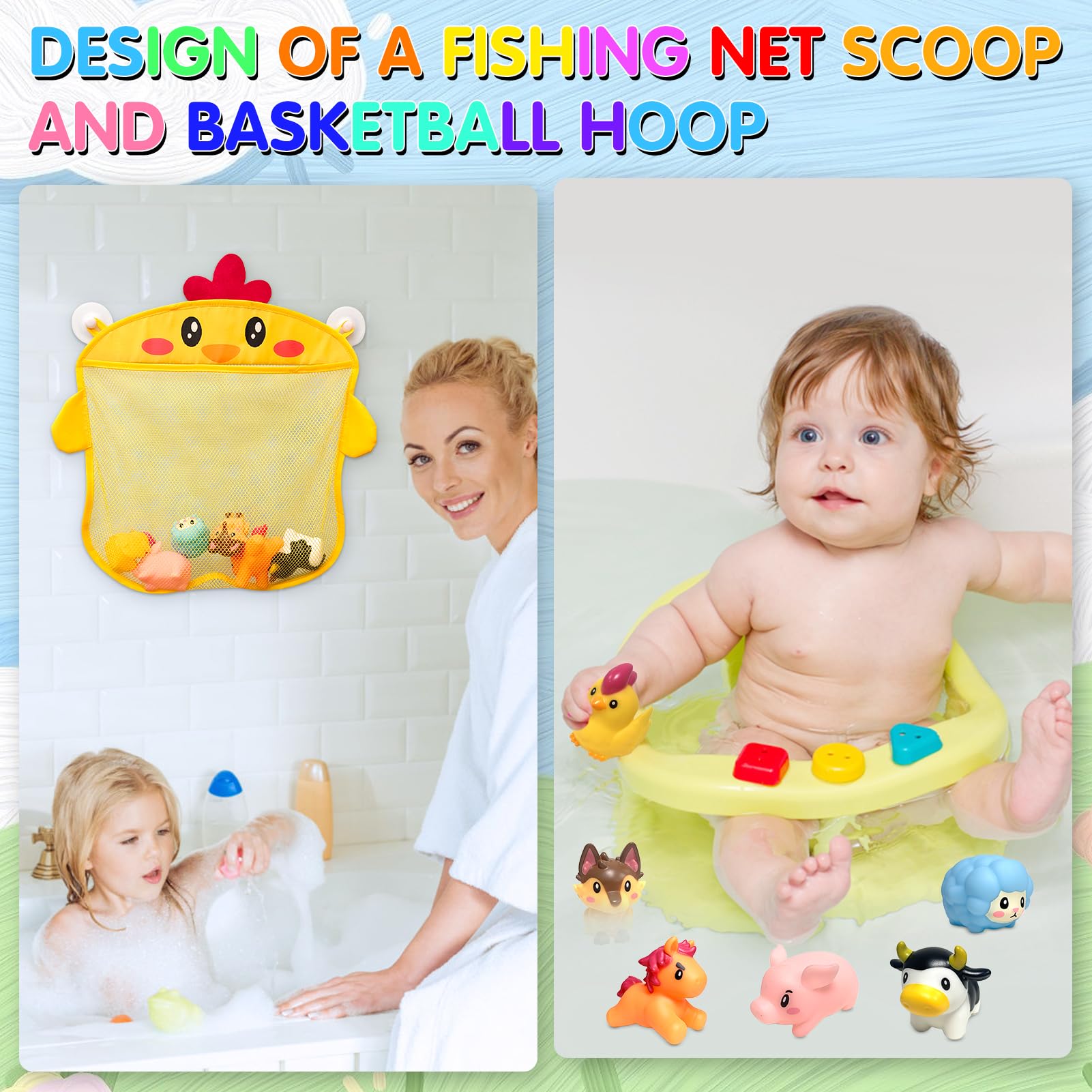 No Hole Mold Free Bath Toys for Toddlers 1-3, Animal Water Toys for 6-12 Months Infants with Storage Bag, Soft Squeezable Water Toys for Babies