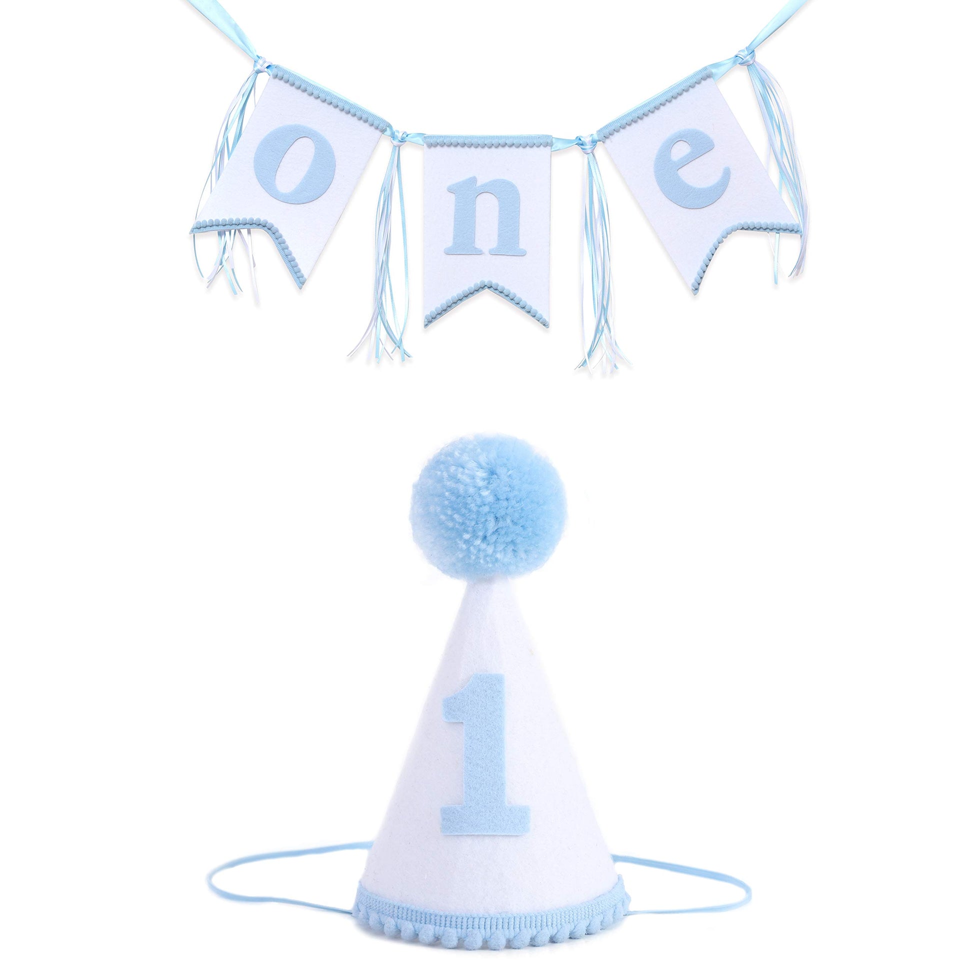 WAOUH Boys 1st Birthday Hat and Highchair Banner - Blue and WHite Party Decoration (BAI LAN TAO CAN)
