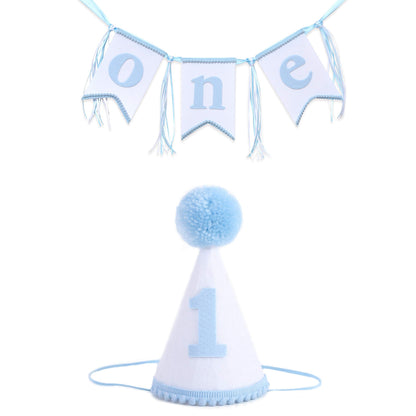 WAOUH Boys 1st Birthday Hat and Highchair Banner - Blue and WHite Party Decoration (BAI LAN TAO CAN)
