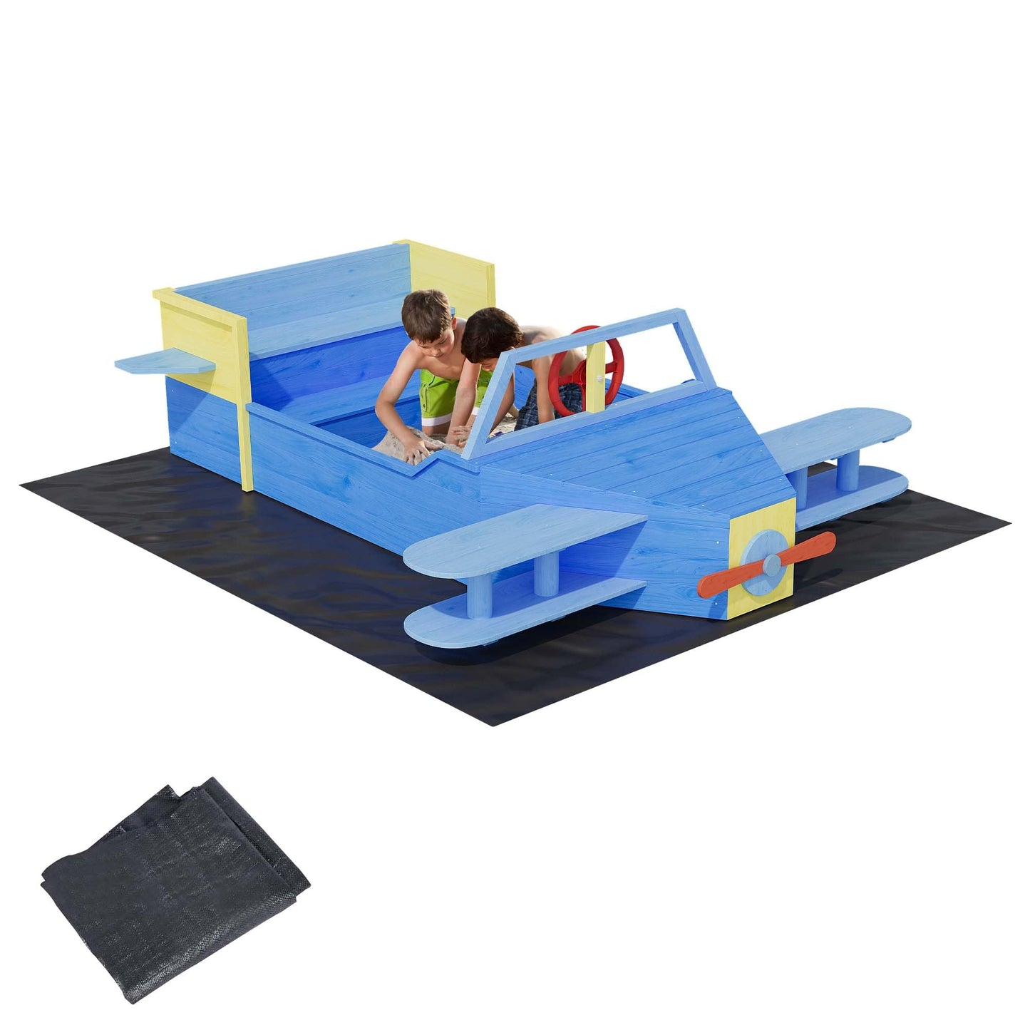 Wooden Sandbox, Outdoor Sand Box Bottom Liner, Adjustable Height & Rotatable Canopy for Ages 3-8, Spacious Kids Sand Pit for Beach, Patio, Backyard