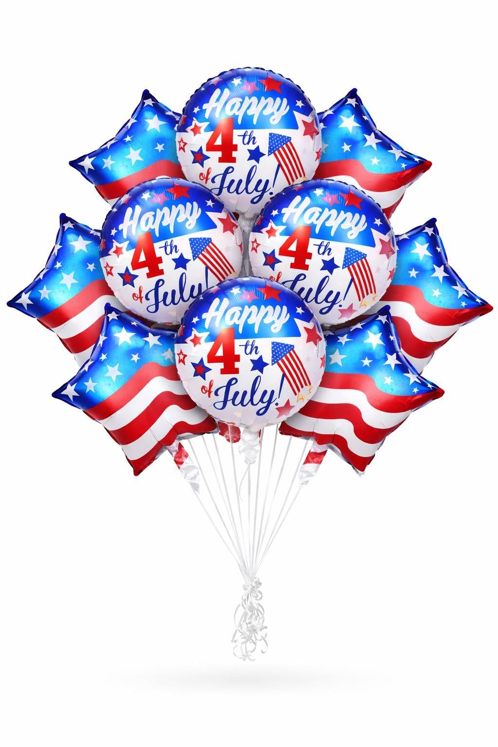 Dream Decor Happy 4th of July Balloons 12 Pack - American Flag Star & Happy 4th of July Foil Balloons with Ribbon Rolls & Inflation Straw - Patriotic