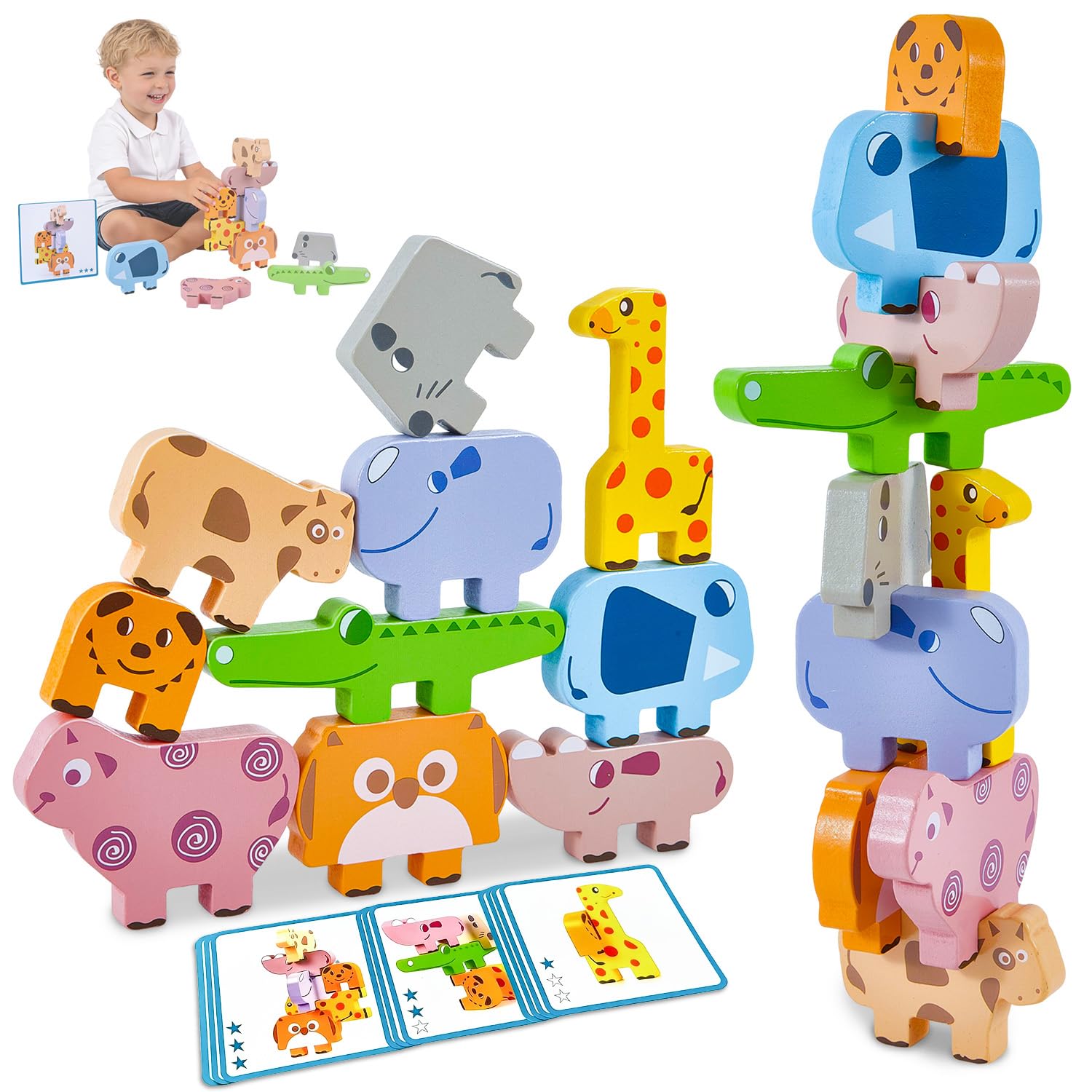 Oukitoymer Montessori Toys, 10pcs Wooden Animal Blocks, Baby Sorting Stacking Educational Learning Puzzles, Sensory Toys for 0 1 2 3 4 Year Old Kids