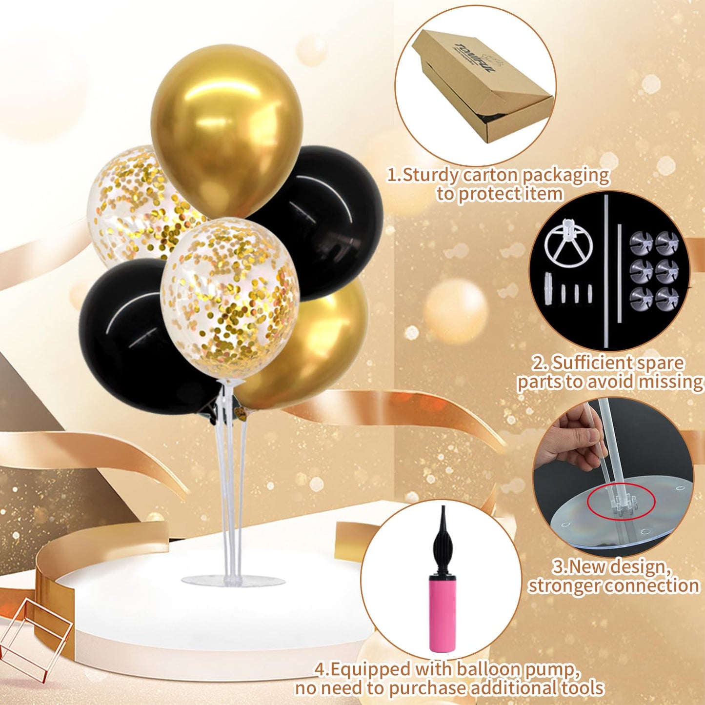 TONIFUL 4 Set Black Gold Balloon Stand Balloon Centerpieces for Table