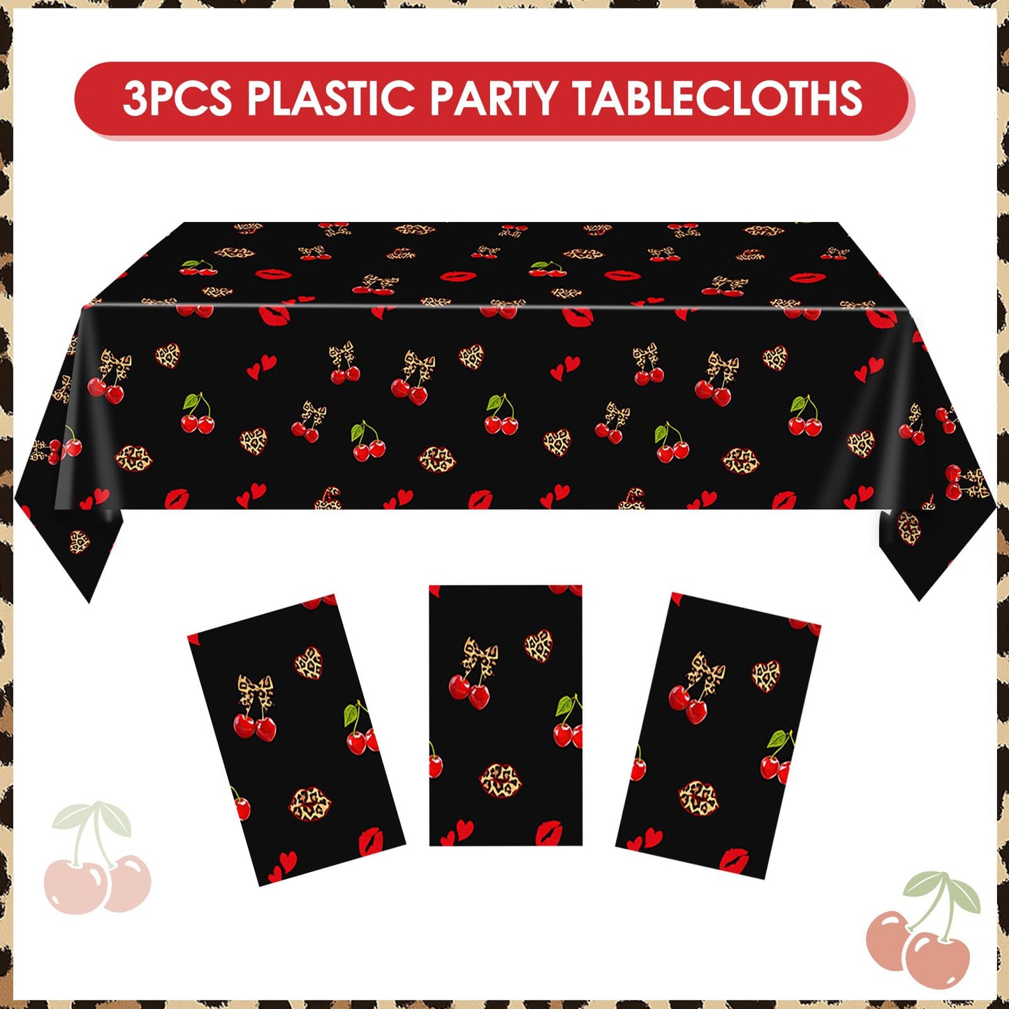 Zaypsot 3Pcs Cheetah and Cherry Birthday Decorations Tablecloths, Red and Black Disposable Plastic Tablecloths 54x108In for Bday Bridal Shower Wedding