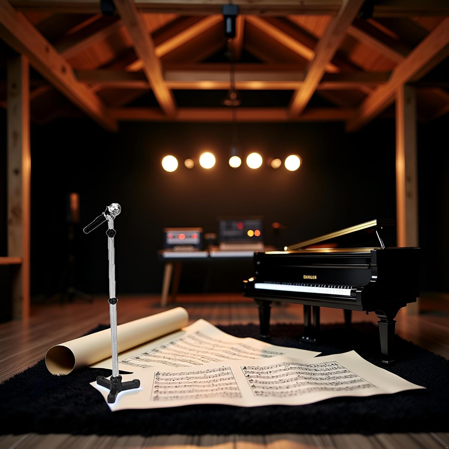 2Pcs Black Dollhouse Decoration Accessories, 1:12 Dollhouse Miniature Scene Model Microphone with Stand Play Toy, Decortion, Dollhouse Furniture