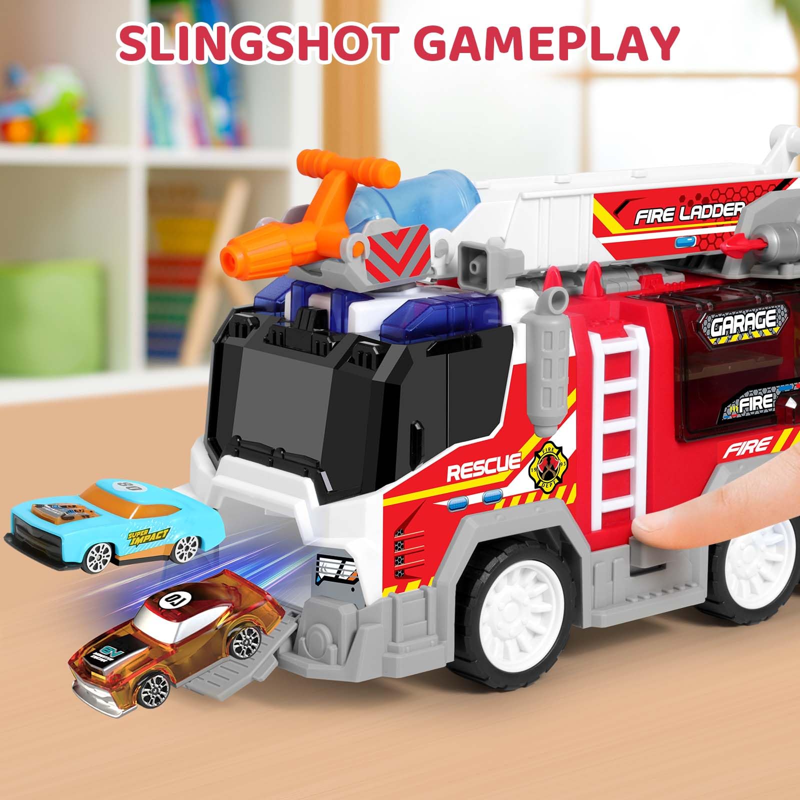 Big Fire Trucks for Toddlers 3 4 5 6 7 with 2PCS Ejecting Race Cars 18-Inch Ladder Lights Sprinkler Pump & Water Shooting Big Emergency Vehicle