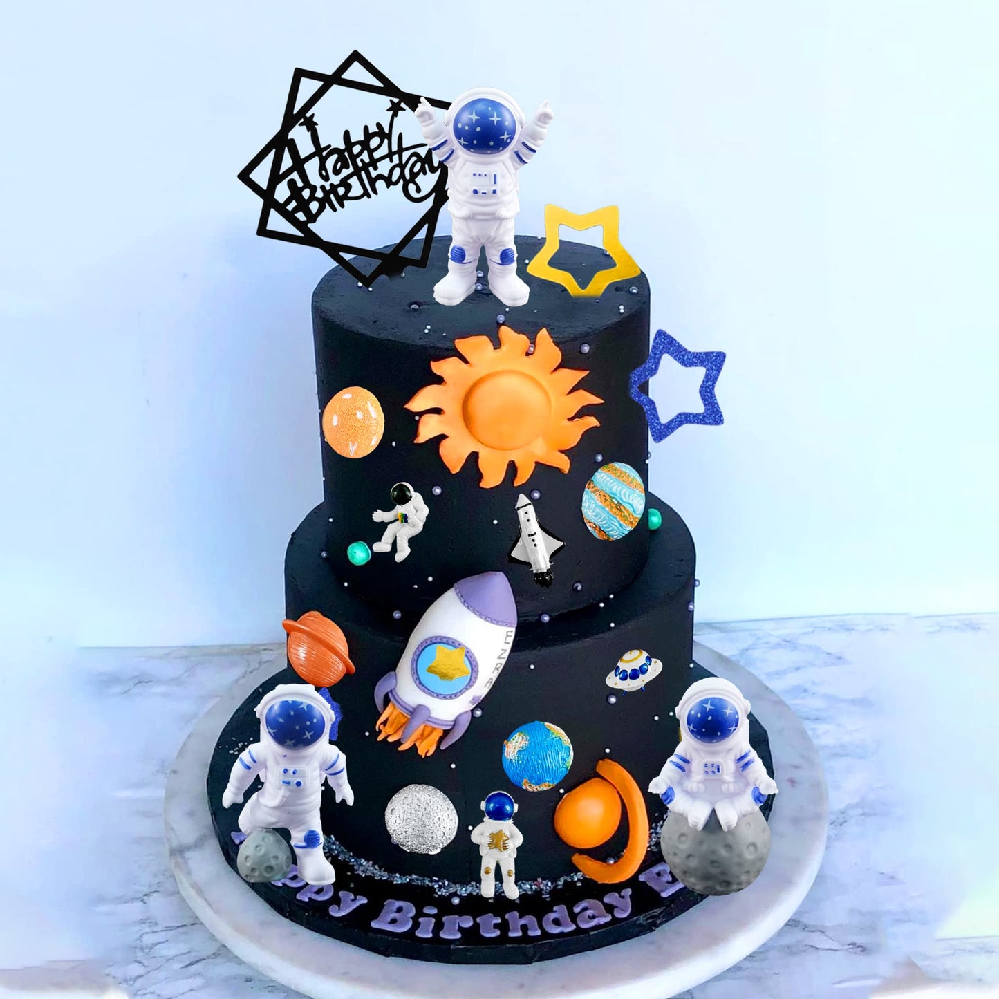 40PCS Astronaut Cake Toppers - Outer Space Astronaut Figurine Meteorite Planet Rocket Stars and Gold Silver Ball Space Theme Cake Decorations