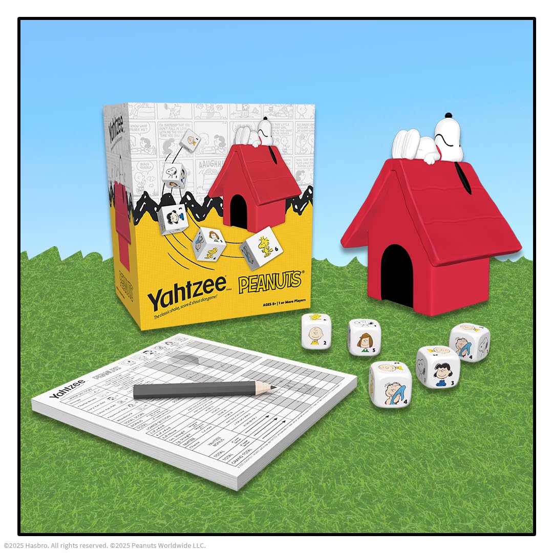 YAHTZEE: Peanuts Edition, Exclusive Snoopy’s Doghouse Cup, Roll The Dice with Charlie Brown, Woodstock & The Peanuts Gang, Dice Rolling Game with a