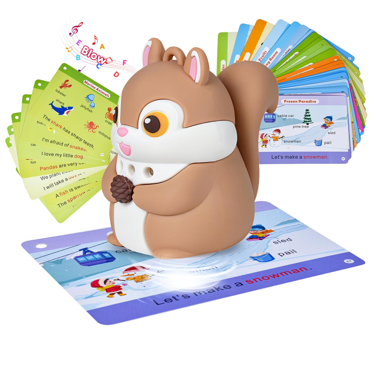 Phonics 55 Double-Sided Flash Cards with Squirrel Talking Pen Set, Over 800 Words Early Educational Learning Toys for Ages 2-6, Interactive Speech