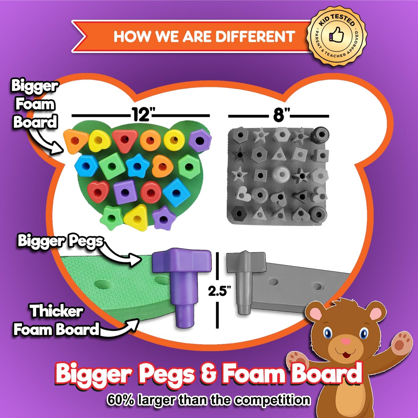 Jumbo Stacking Shapes Pegboard Set for Kids with 18 Pegs, 2 Wooden Dice, Lacing String & Storage Box (Light Rainbow Colors)