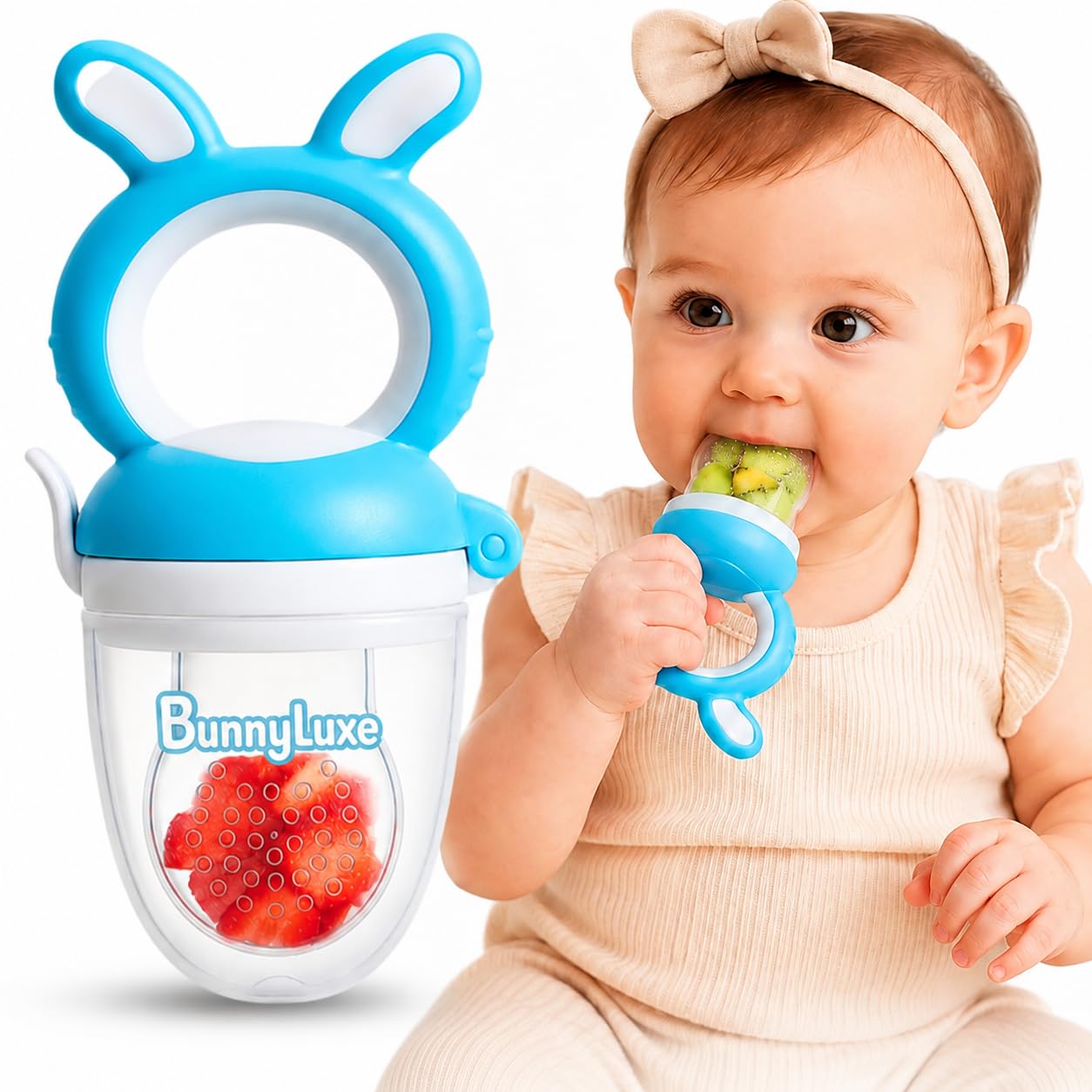 BunnyLuxe Silicone Baby Fruit Feeder for 4 to 10 Months Plus Baby Food Feeder Pacifier for Safe Self Feeding Teething Relief Fresh Food and Baby Led