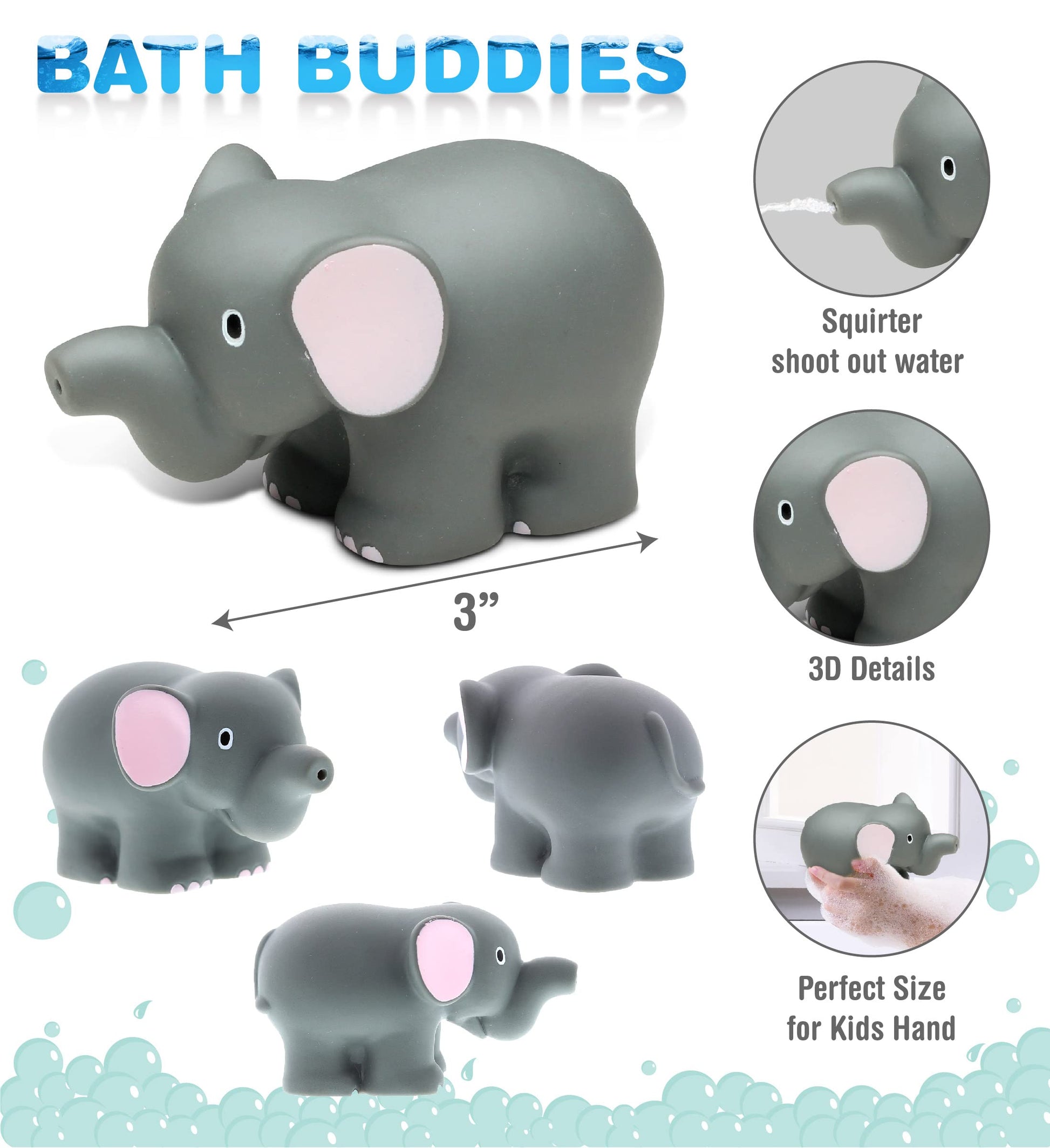 DolliBu Elephant Bath Buddy Squirter - Floating Elephant Rubber Bath Toy, Fun Water Squirting Bathtime Play For Toddlers, Soft Wild Life Animal Toy