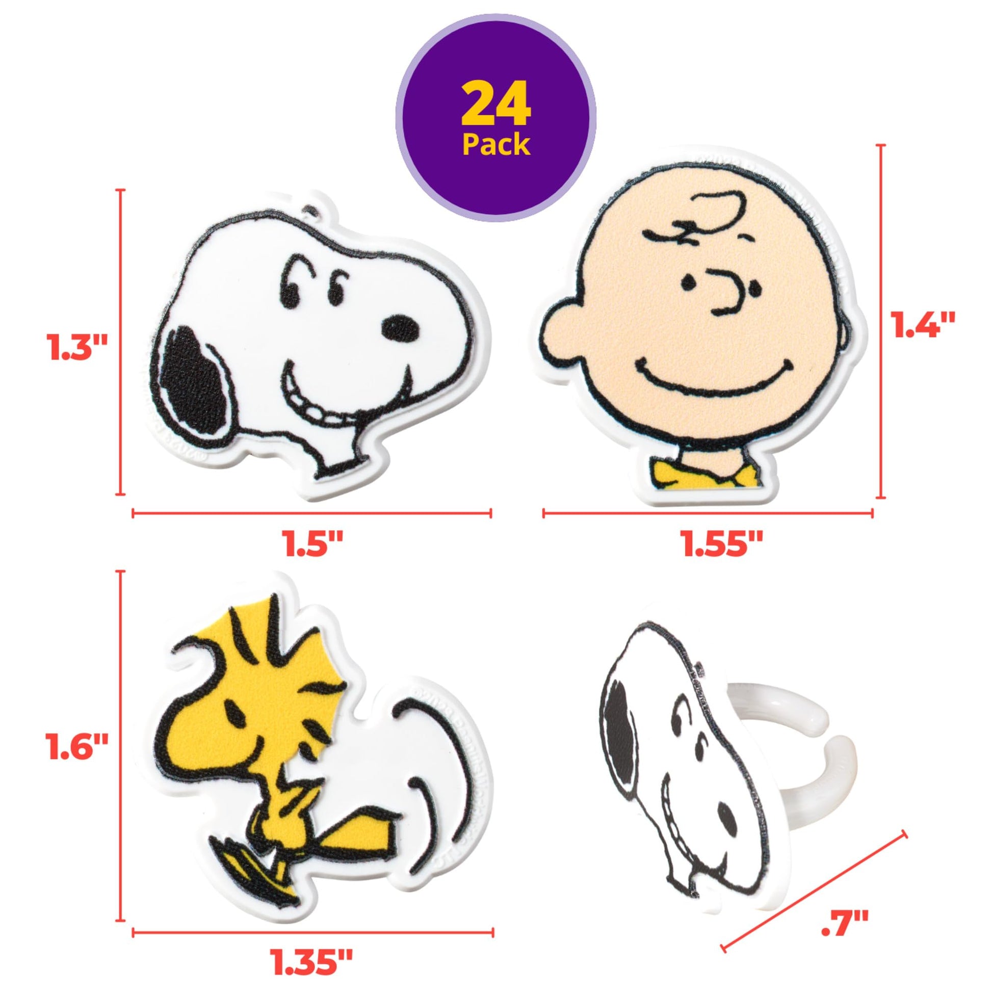 DecoPac Peanuts® Cupcake Rings, 24 Peanuts® Snoopy®, Charlie Brown, Woodstock® Cupcake Decorations, Food Safe Cake Toppers - 24 Pack